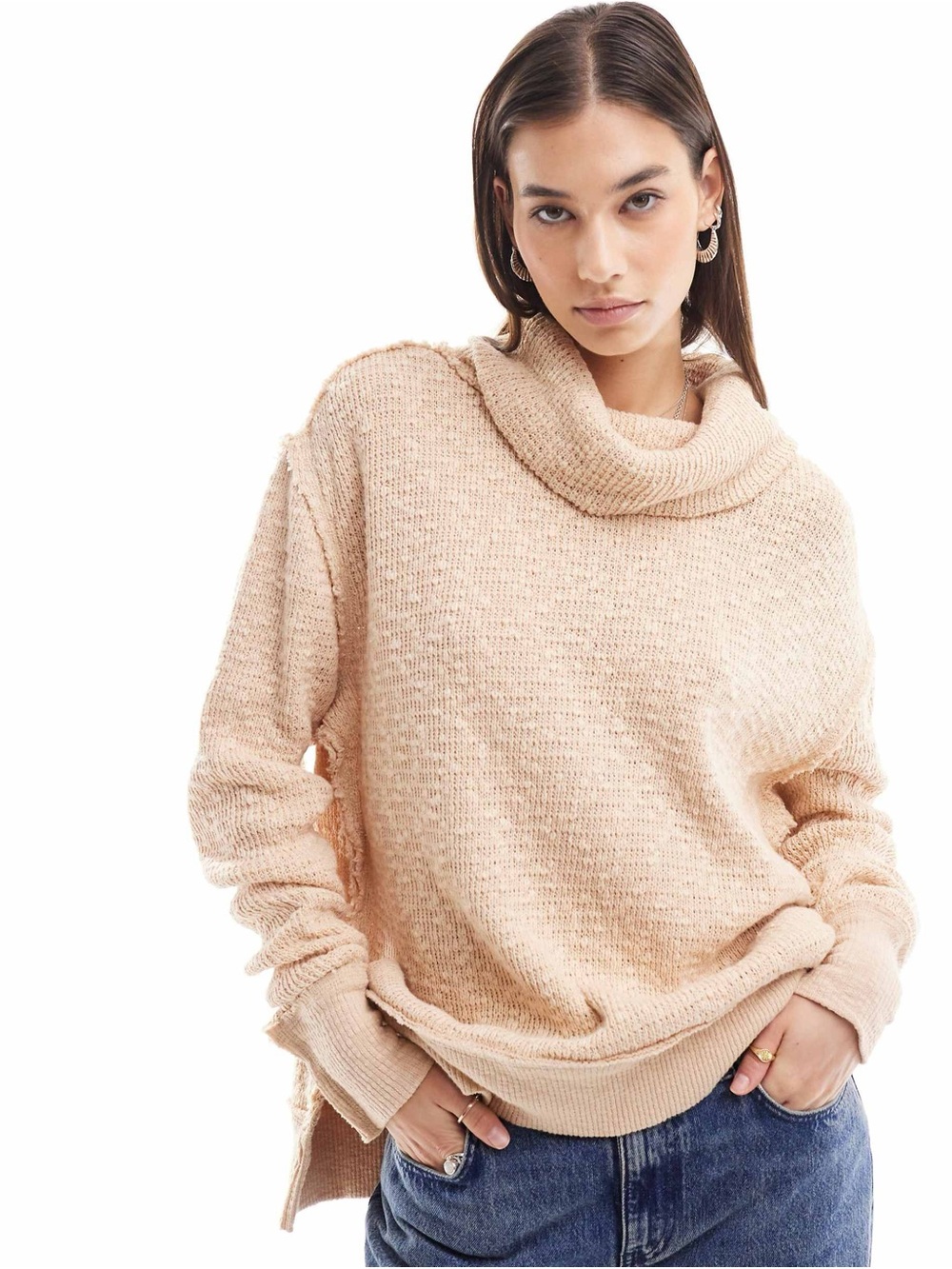 Free People Cowl Neck Camel Slouched Sweater Size Large NWT